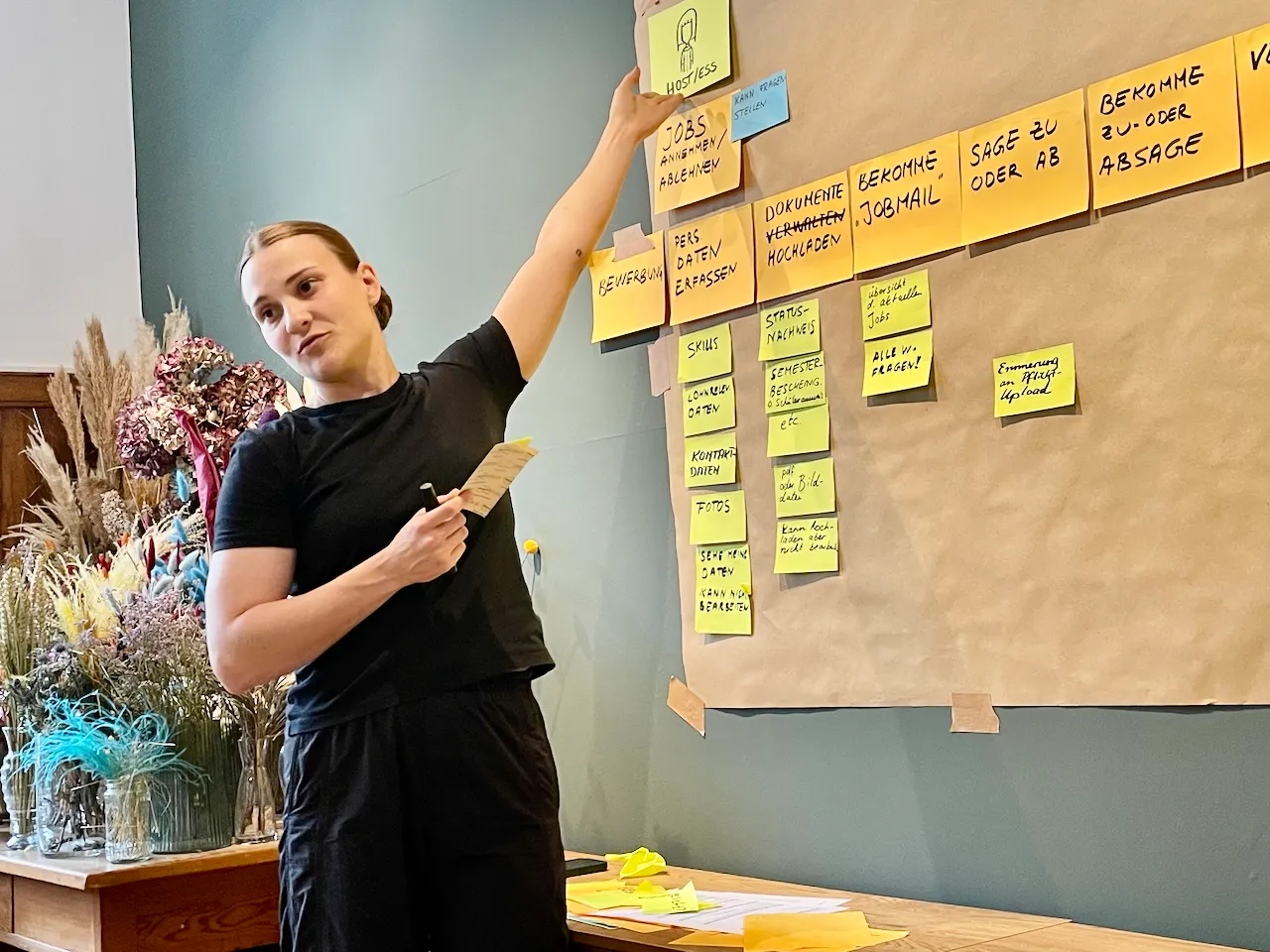 ux designerin bei mindmatters erstellt user story map an der wand, um nutzerbedürfnisse sichtbar zu machen